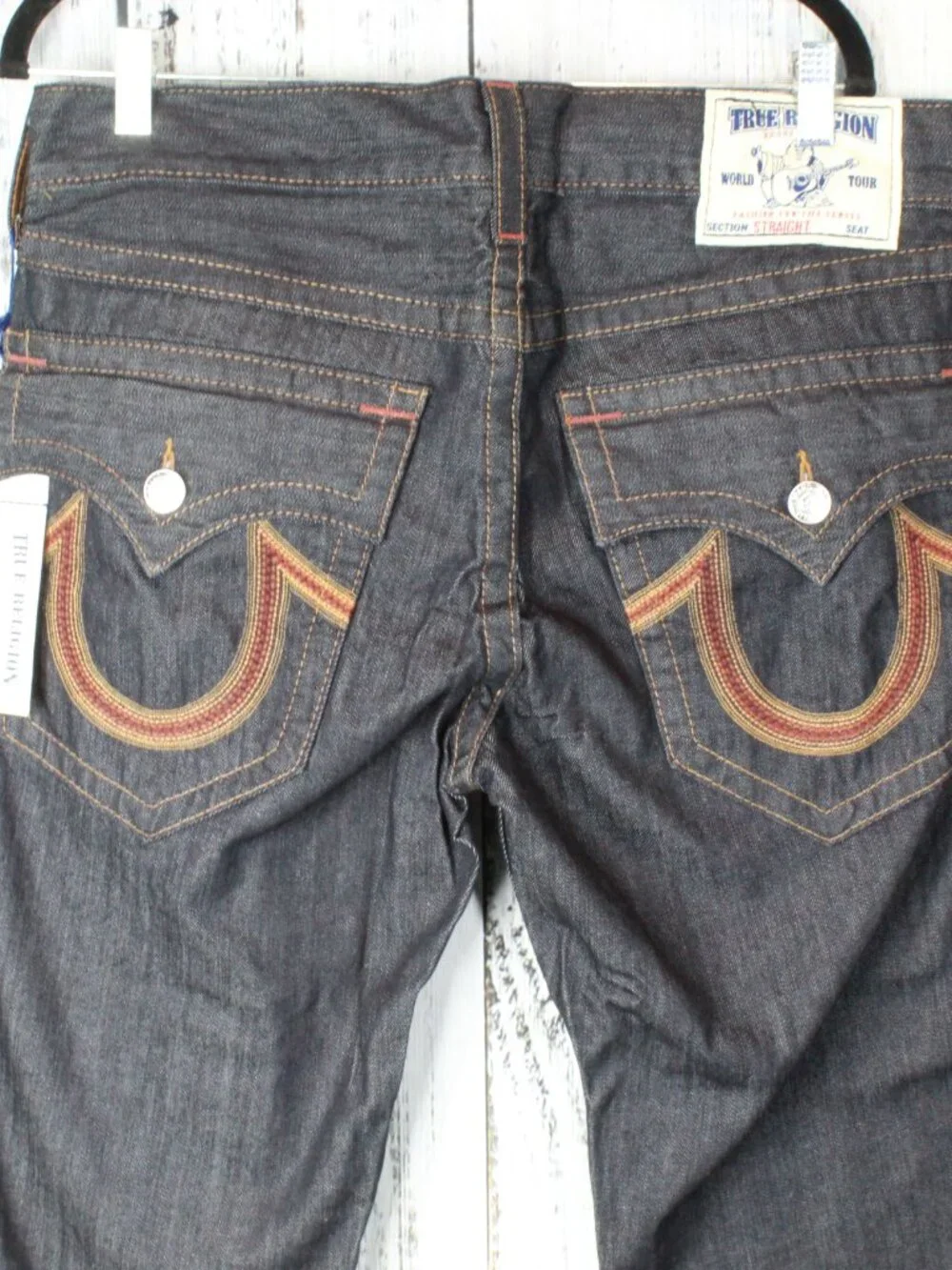 NWT True Religion Straight Leg Flap Jeans Sunset Logo Orange Red Stitch Size 33